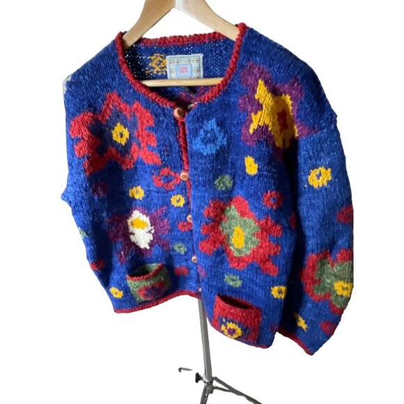 Fatto Bolivian Alpaca Wool Colorful Tribal Designed Cardigan Sweater Sz S - Picture 3 of 9